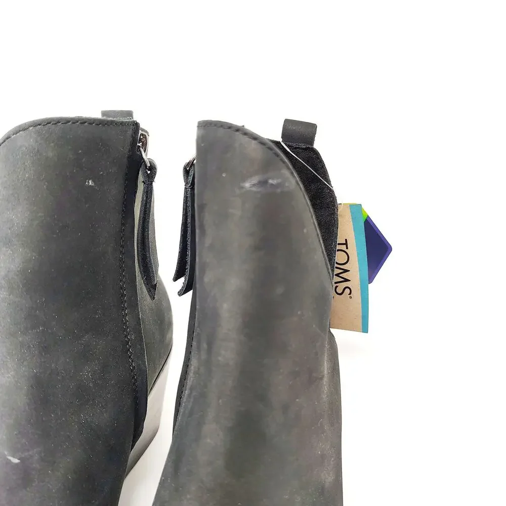New Toms Shoes Womens 10 Boots Sutton Black Leather Wedge Zip Grunge Goth Emo